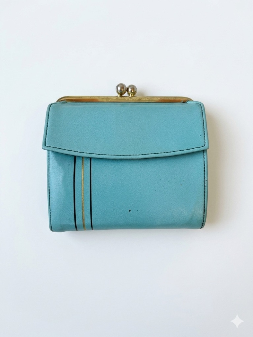 Vintage MCM Tiffany Blue Leather Kiss-Lock Wallet | 1950s Gold Stripe Billfold